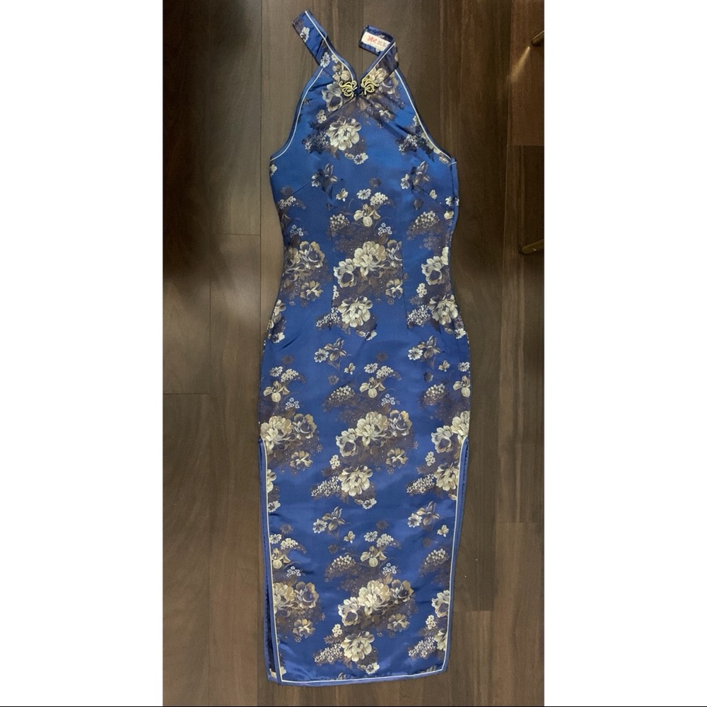 Traditional Chinese Halter Gown (Qi Pao) in Navy and Gold